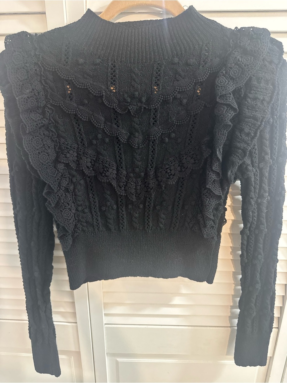 Zara Black Lace-Trim Cable Knit Turtleneck Sweater